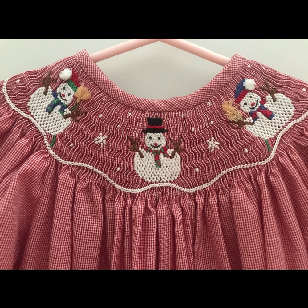 Snowman smocked long sleeve dress, Red, 12mo